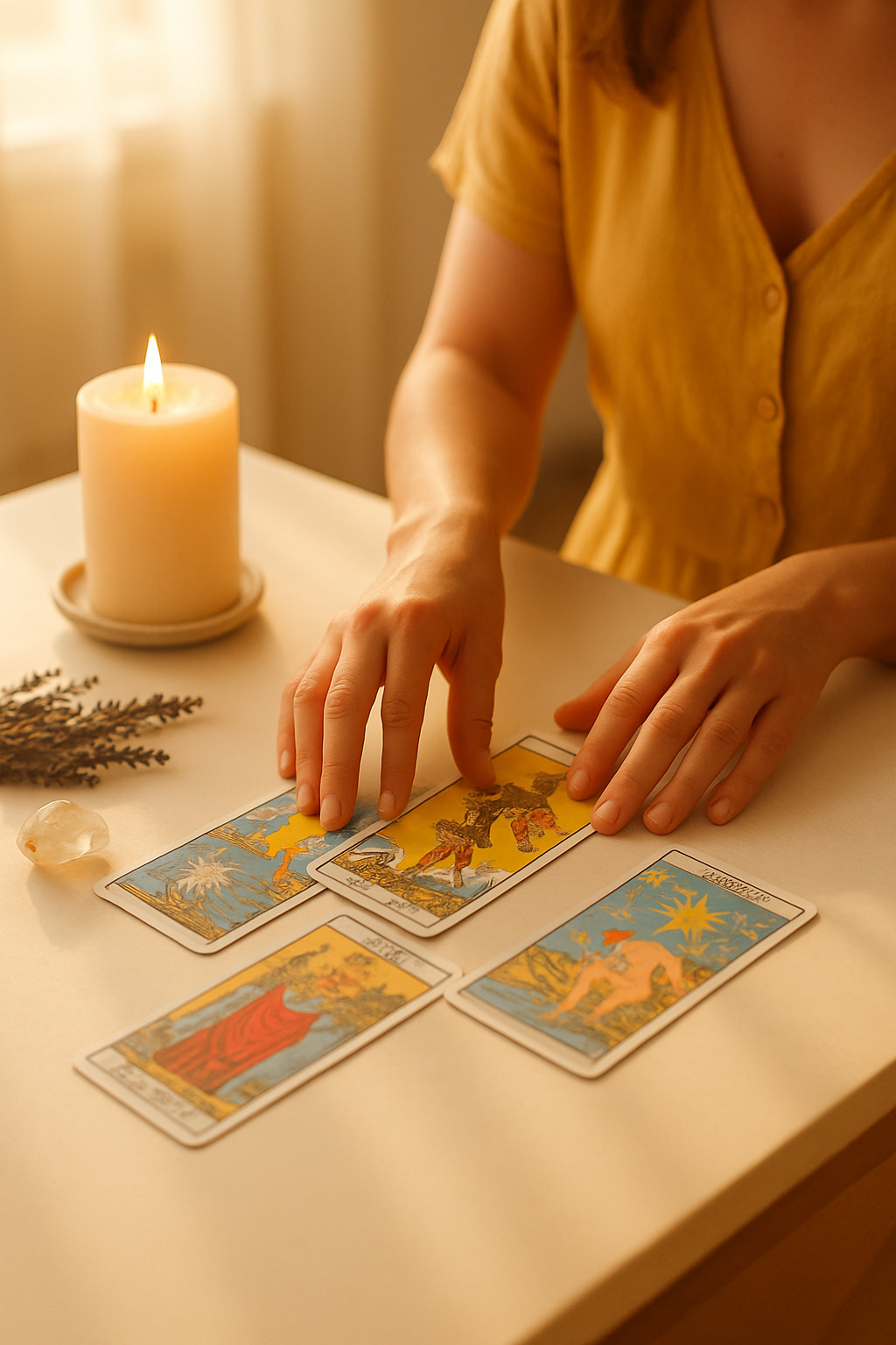 Hands laying tarot cards beside a candle in soft daylight
