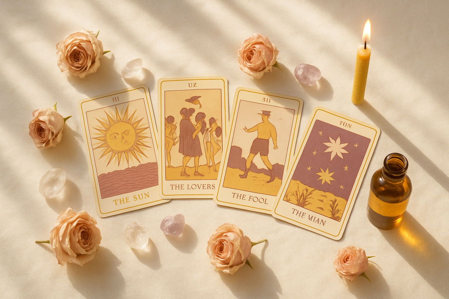Tarot cards fanned across a sunlit ivory surface with crystals and a candle
