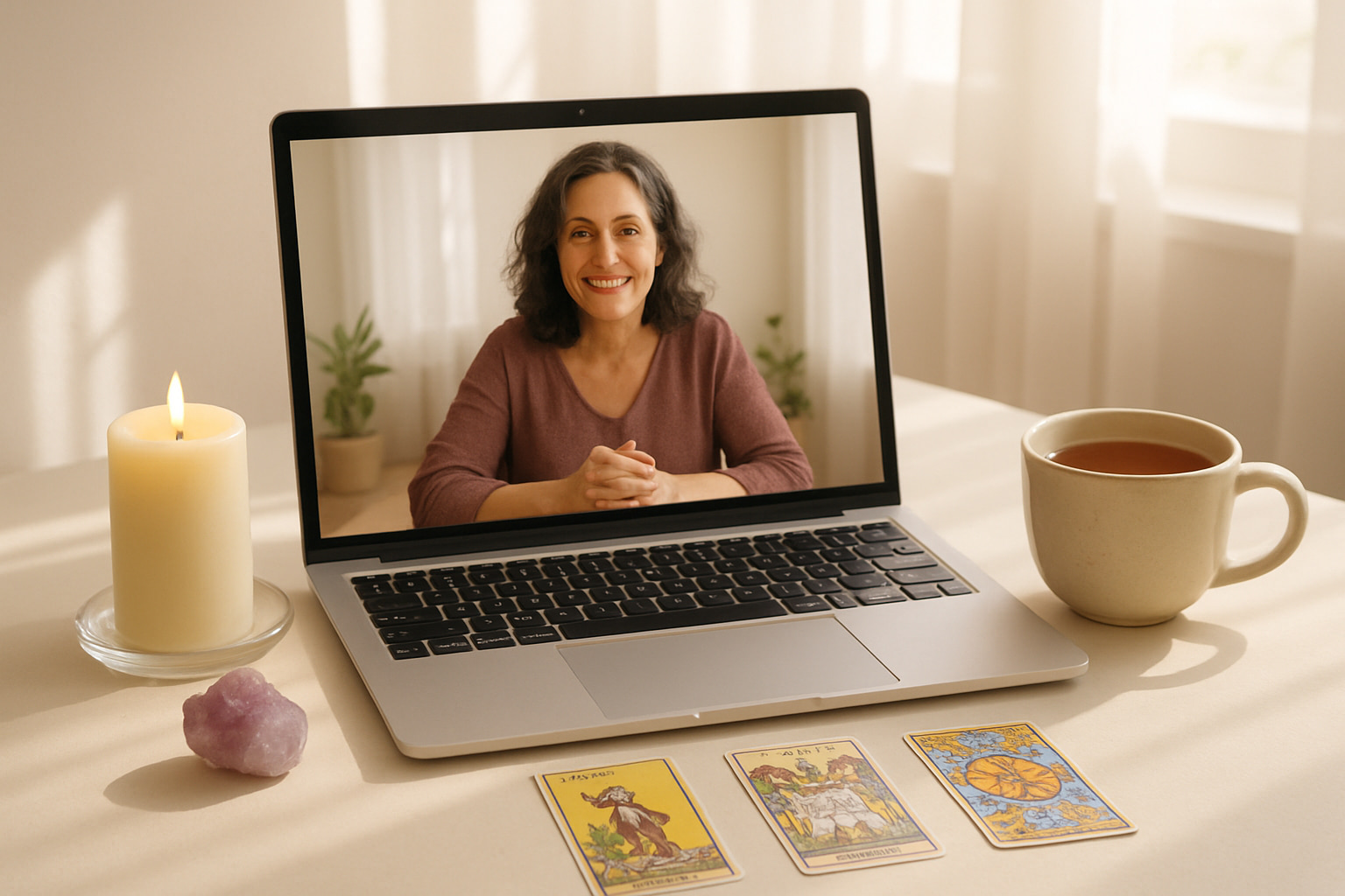 An online tarot reading over video on a bright desk